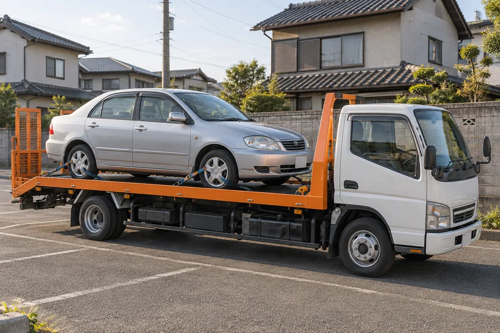 日本の住宅街で国内向け乗用車を積載した車両運搬車のイメージ