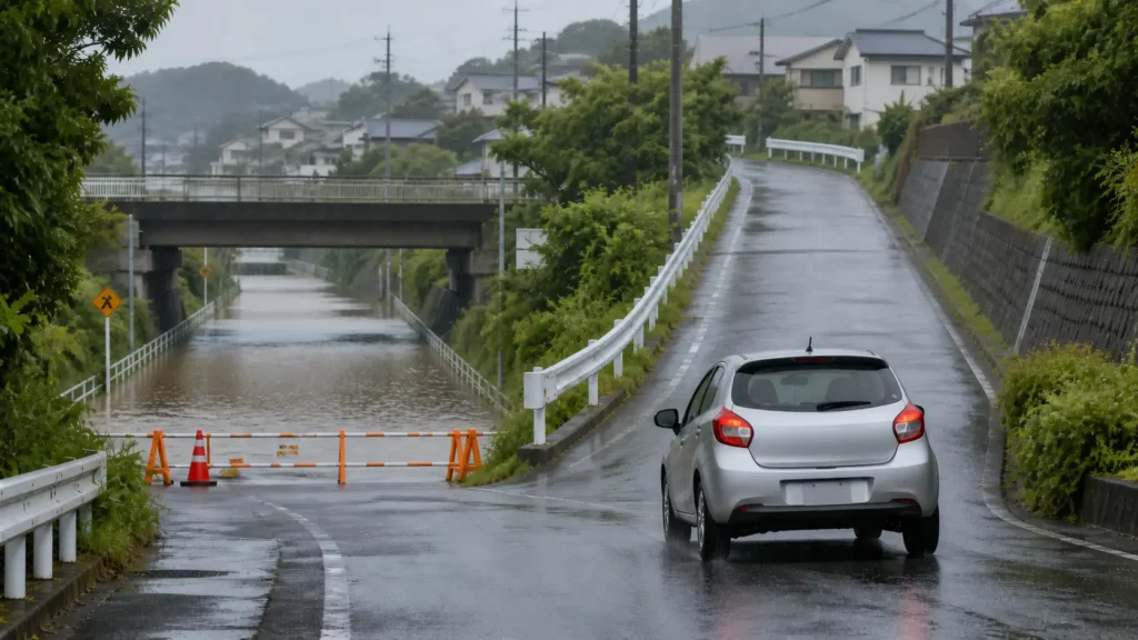 冠水道路で停止し安全な場所へ避難する人と車
