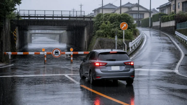 大雨で冠水した道路を避けて安全な避難経路を確認する運転者