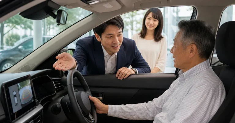 サポカー限定免許の対象車両を家族と確認する高齢者