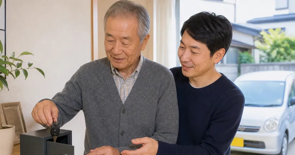 免許返納後の車の鍵を家族で保管する様子