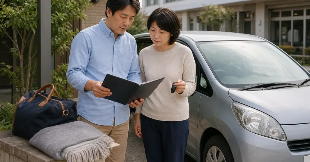 入院した高齢の親の車について家族が書類を確認する様子