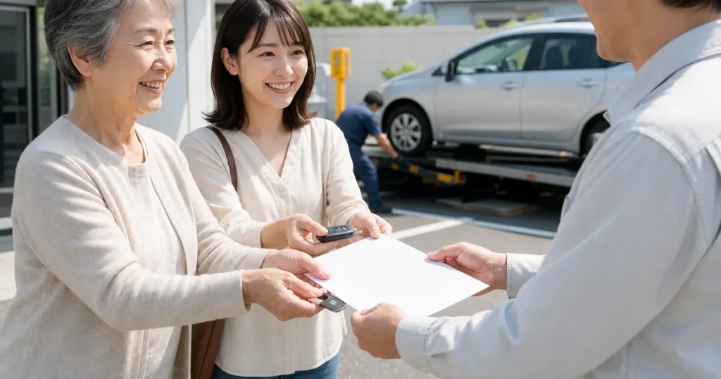免許返納後の月極駐車場解約を確認する高齢者と家族