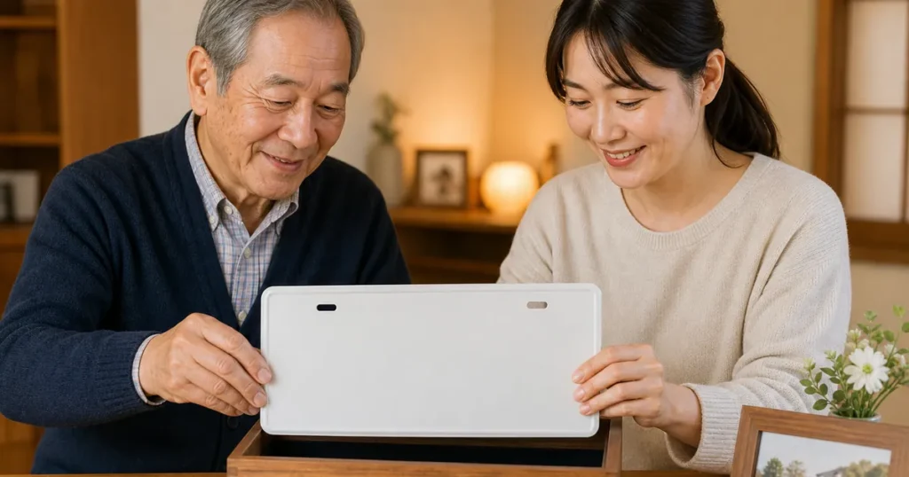 思い出の車とナンバープレートについて相談する高齢者と家族