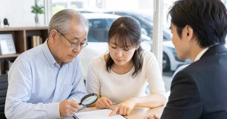 高齢者の車売却契約書を家族と確認する様子