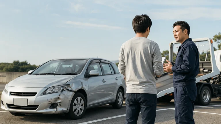 事故で前部が損傷した車を積載車スタッフに相談する所有者