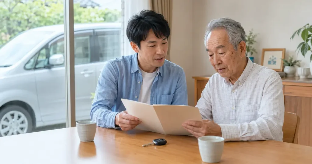 高齢の親と家族が車の鍵を前に免許返納と車の整理を相談する様子