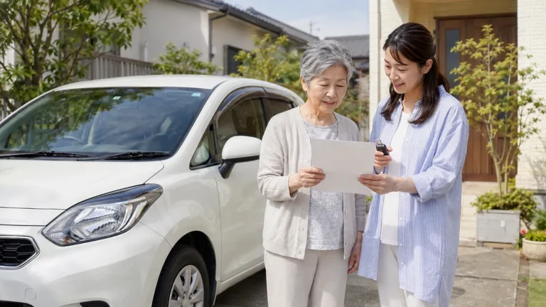 免許返納後の車について自宅前で相談する高齢の親子