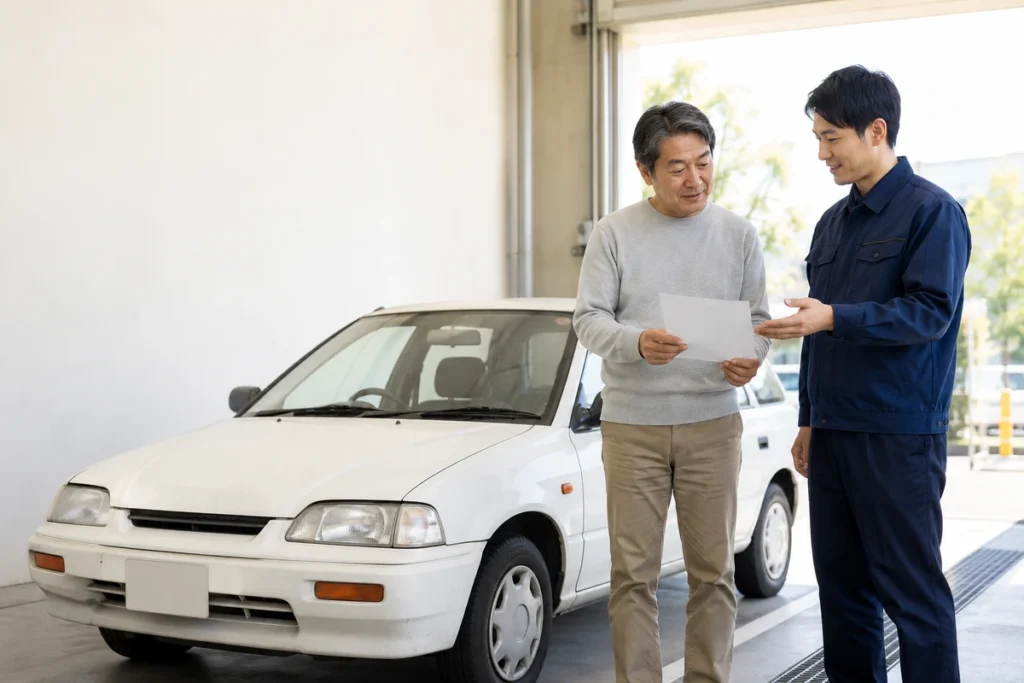 古い車の査定内容を担当者と確認する所有者