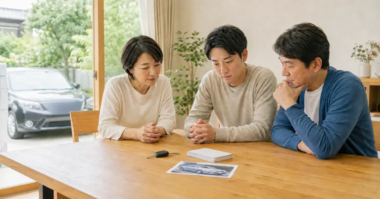 亡くなった家族の車を整理するため家族で確認事項を話し合うイメージ