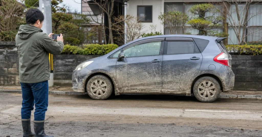 冠水車の浸水跡を写真に記録する所有者
