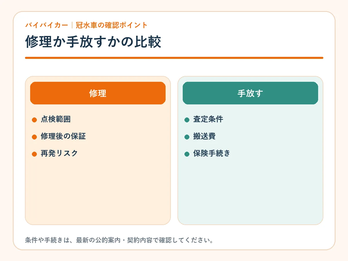 冠水車を修理する場合と手放す場合の比較
