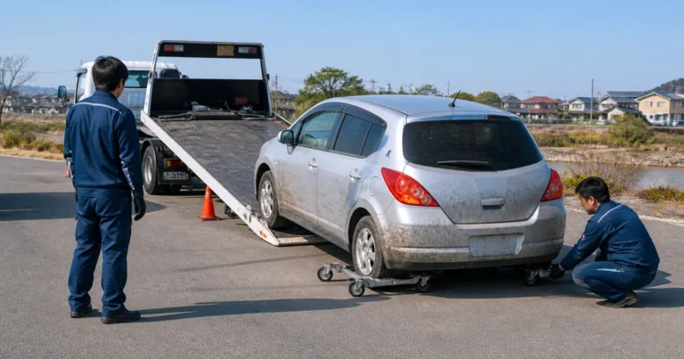 動かない冠水車を積載車へ安全に載せる担当者