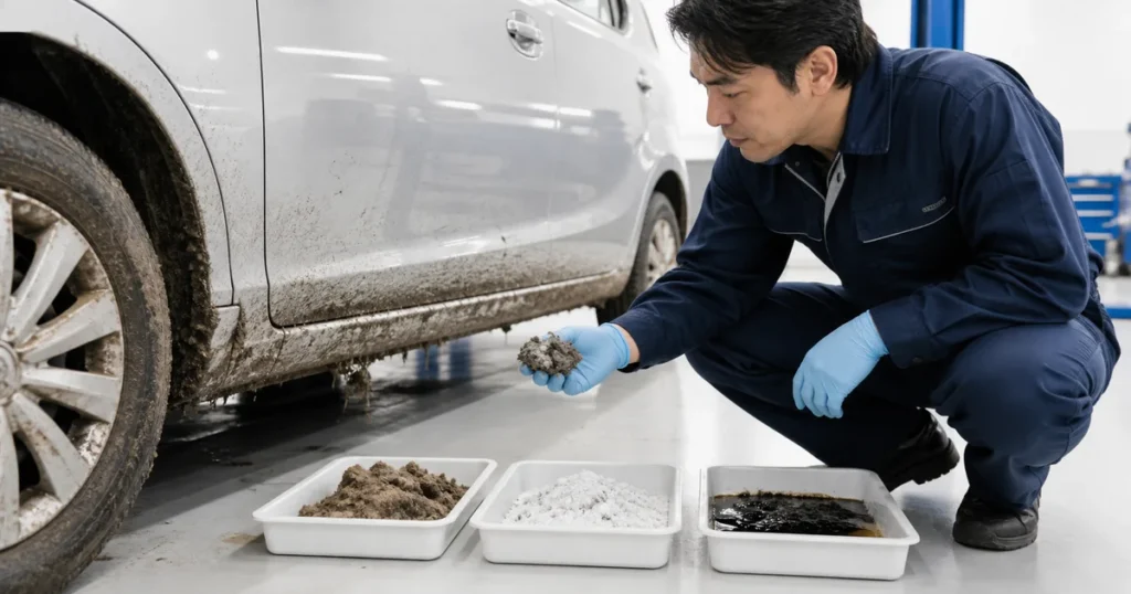 泥水や海水や油による冠水車の汚れを比較する担当者