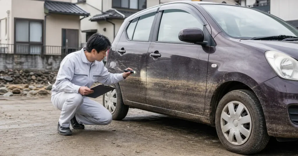 冠水車の側面に残った浸水跡を確認する整備担当者