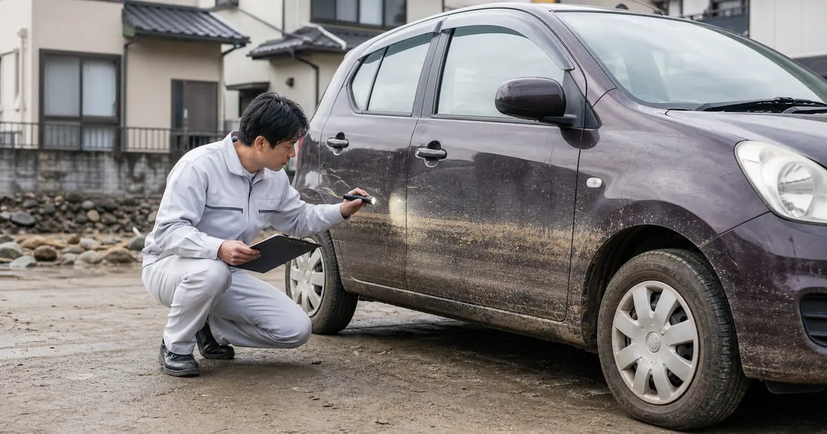 冠水車の側面に残った浸水跡を確認するイメージ