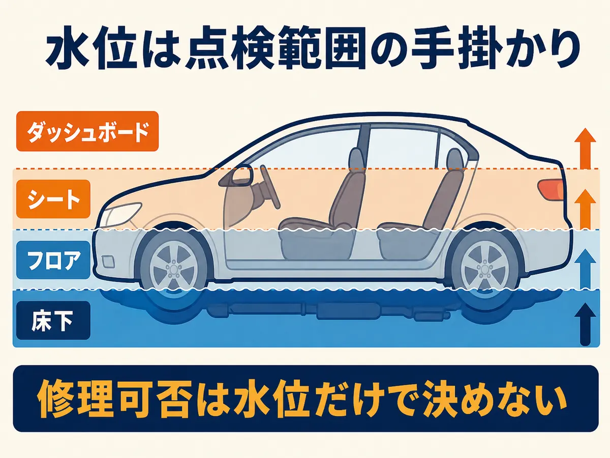 冠水車の浸水位置と点検範囲の考え方
