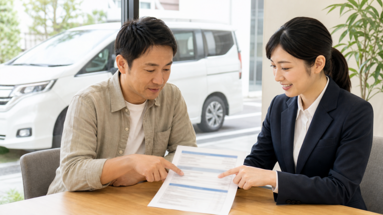 廃車無料の見積書を確認する車の所有者と担当者