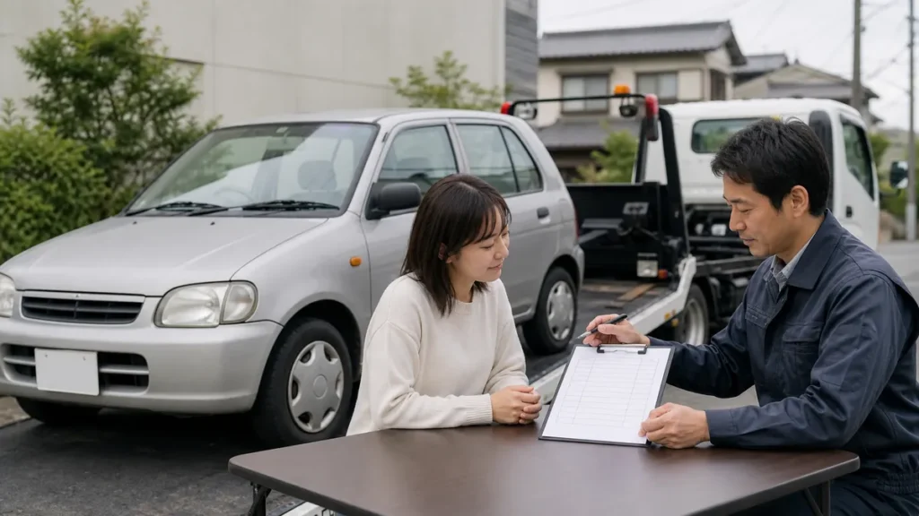 廃車の引取前に車の所有者と担当者が見積り内容を確認している様子
