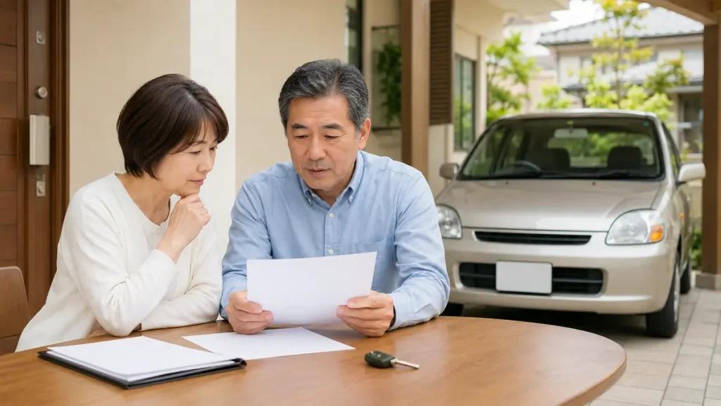 遺産分割前の車について家族で書類を確認している様子