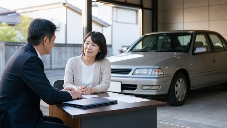 相続した車の廃車費用や必要書類を専門スタッフへ相談する女性
