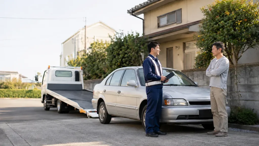 自宅駐車場でエンジンがかからない車の引取方法を積載車スタッフへ相談する所有者