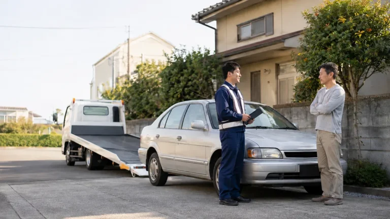 自宅駐車場でエンジンがかからない車の引取方法を積載車スタッフへ相談する所有者