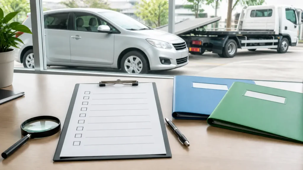 車の無料引取業者を比較するためチェック項目と資料を確認するイメージ