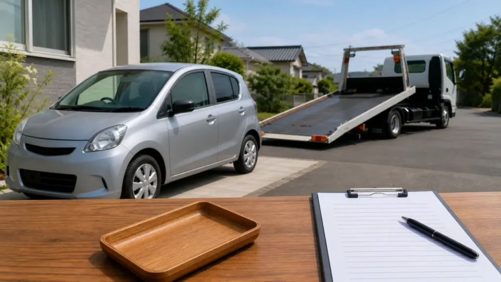 車の鍵を紛失した車と積載車を前に安全な引取方法を確認するイメージ