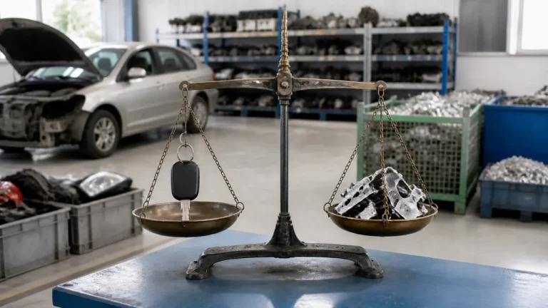 車の鍵と再利用できる金属部品の価値を天秤で比べるイメージ