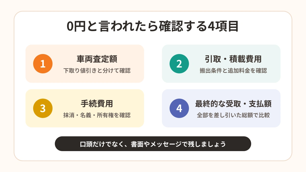 0円査定で確認する車両査定額・引取費用・手続費用・最終額の図解