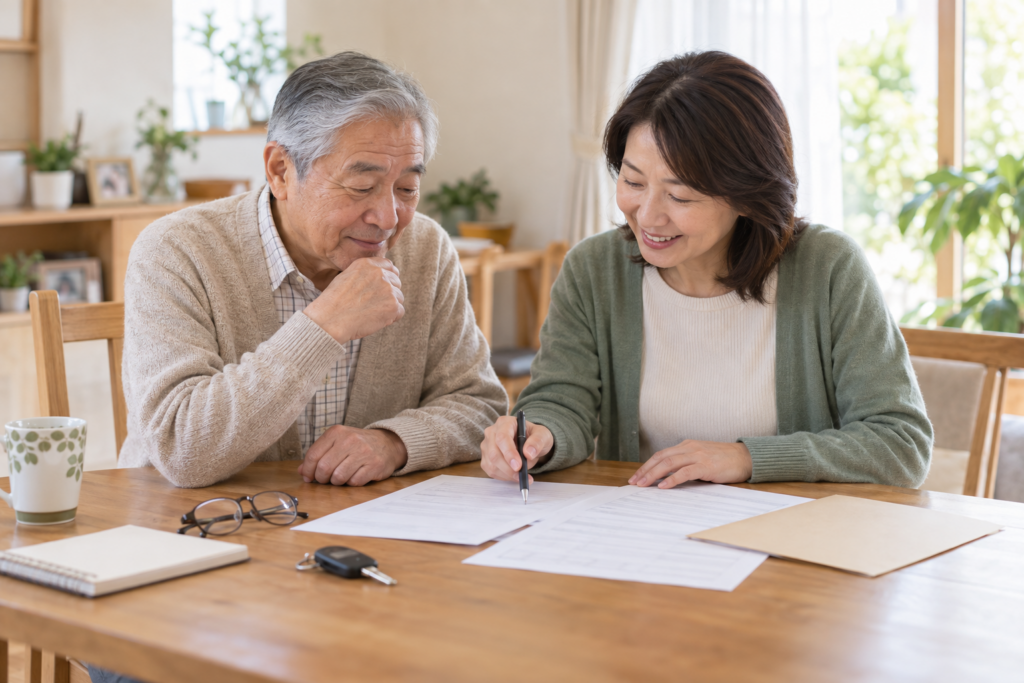 運転免許の代理返納に必要な書類を一緒に確認する親子
