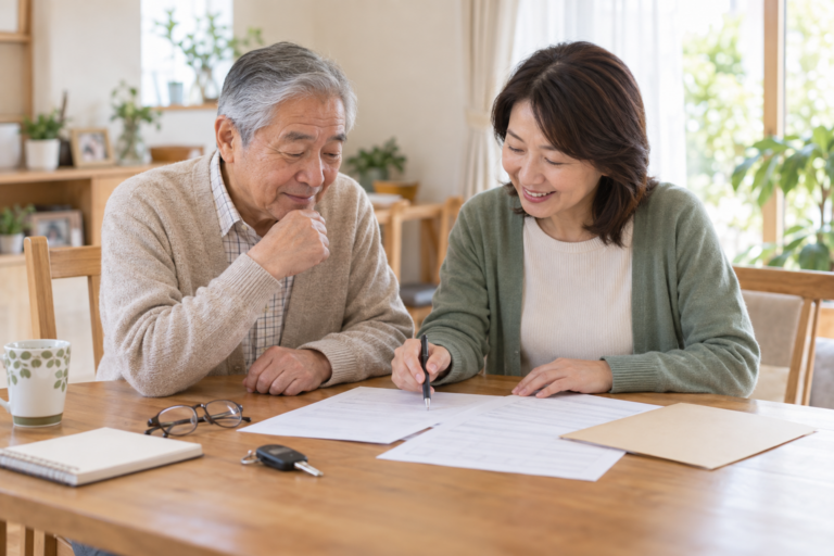 運転免許の代理返納に必要な書類を一緒に確認する親子