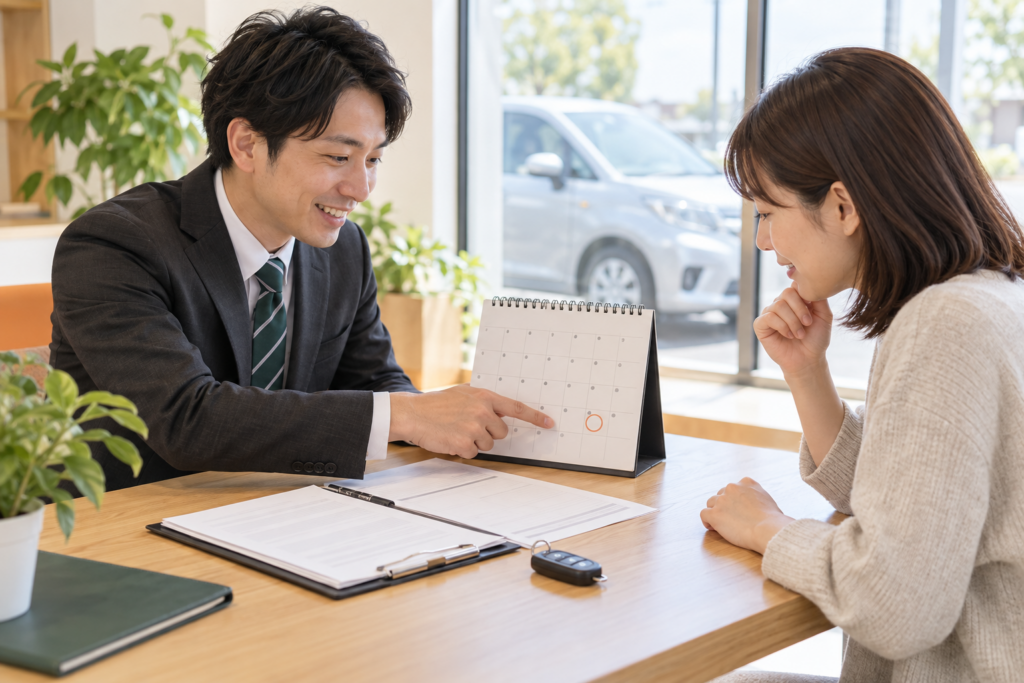 月末の廃車手続きについてカレンダーと書類を確認する担当者と相談者