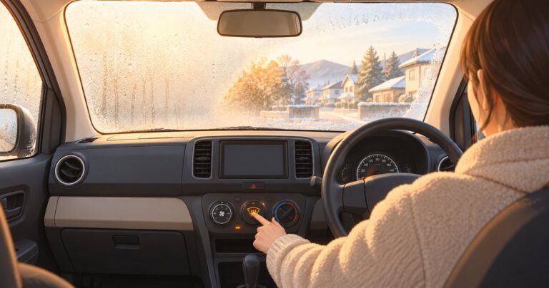 停車中の車で窓の曇り取りボタンを確認するイラスト