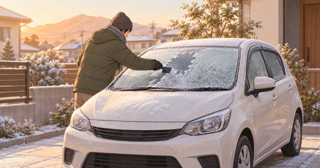 駐車中の車のフロントガラスをスクレーパーで解氷するイラスト