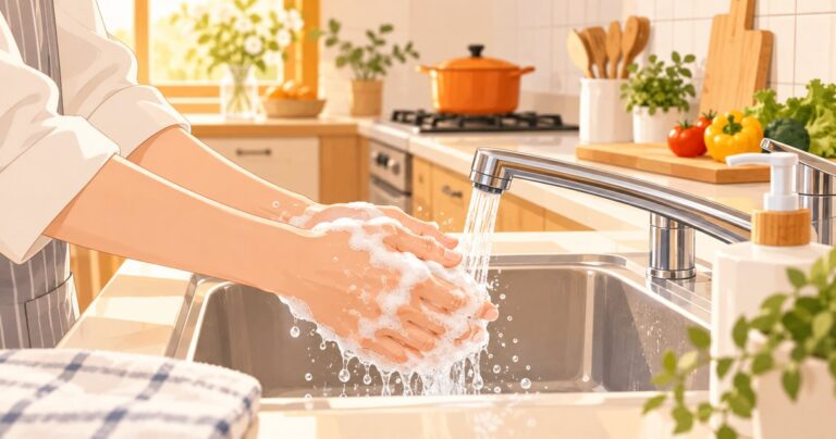 食事前に石けんと流水で手を洗う様子のイラスト