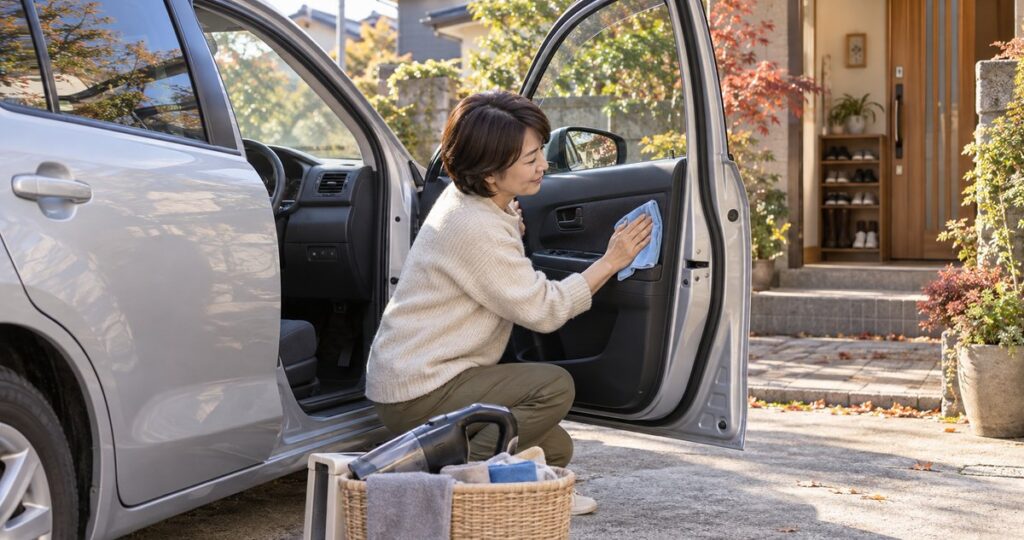 自宅の駐車場で車内のドアを柔らかい布で掃除するイメージ