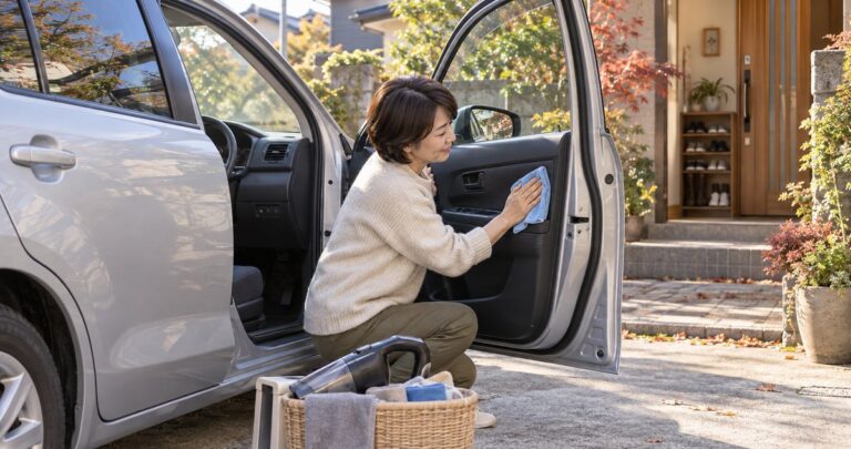 自宅の駐車場で車内のドアを柔らかい布で掃除するイメージ