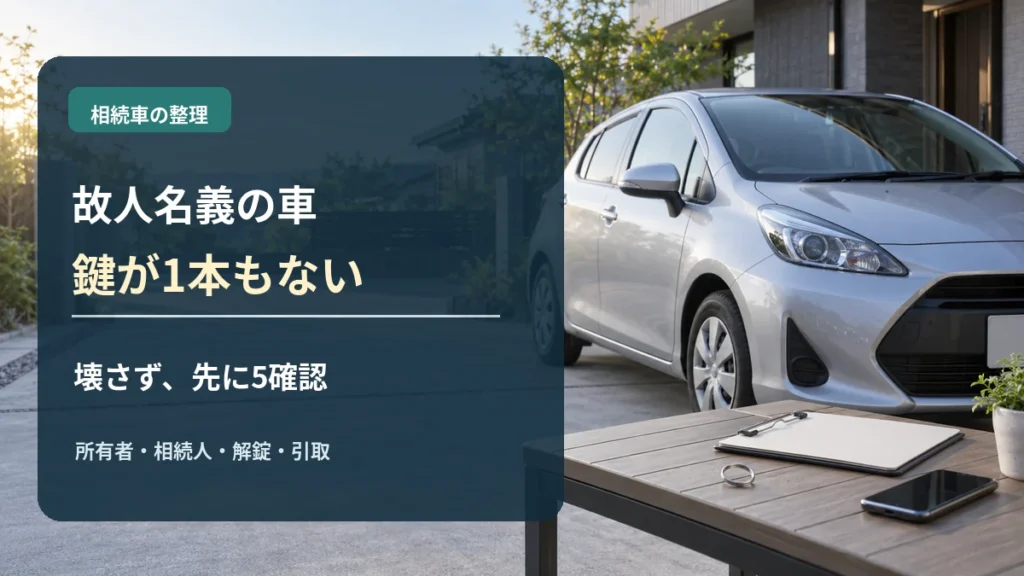 故人名義の車の鍵が1本もない｜売却・廃車前に確認する所有者・解錠・引取の5項目のイメージ