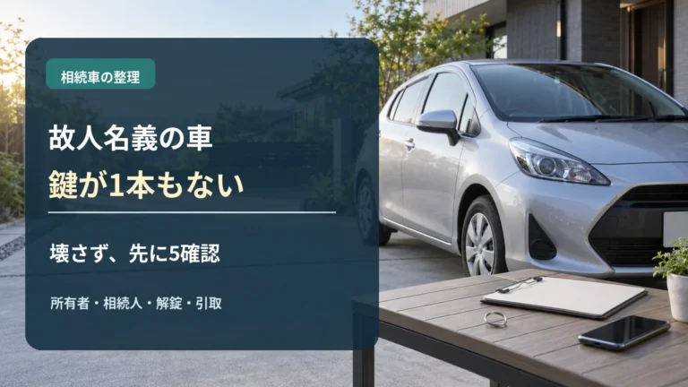 故人名義の車の鍵が1本もない｜売却・廃車前に確認する所有者・解錠・引取の5項目のイメージ