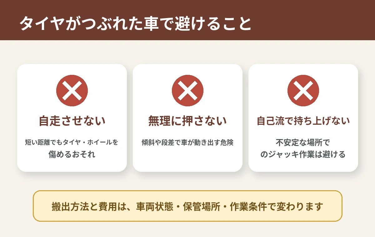 タイヤがつぶれた車で避けること